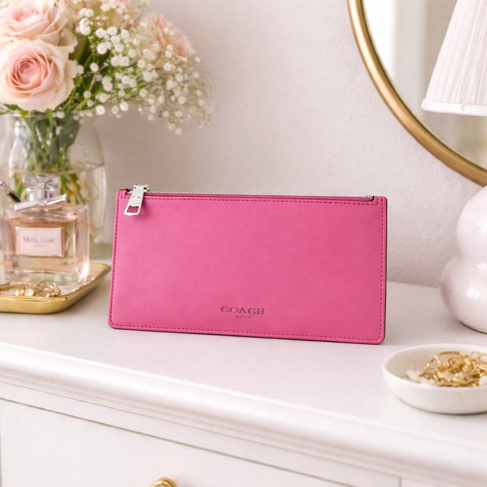 Coach Hot Pink Leather Slim Top Zip Wallet Clutch Accessory Pouch 9.5" x 4.5"